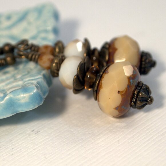 Chunky Earthy Boho Czech Glass Earrings Cream Drop Pierced or Clip-on Earrings - Picture 4 of 10